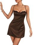 Rooscier Women's Spaghetti Strap Lace Satin Slip Nightwear Sexy Party Mini Dress Solid Brown Medium