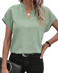 BTFBM Casual Short Sleeve Tops 2024 Summer Tunic Blouses Vacation Outfits V Neck Lightweight Flowy Beach Tunics Shirts(Solid Bean Green, XX-Large)