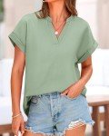 BTFBM Casual Short Sleeve Tops 2024 Summer Tunic Blouses Vacation Outfits V Neck Lightweight Flowy Beach Tunics Shirts(Solid Bean Green, XX-Large)