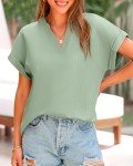 BTFBM Casual Short Sleeve Tops 2024 Summer Tunic Blouses Vacation Outfits V Neck Lightweight Flowy Beach Tunics Shirts(Solid Bean Green, XX-Large)
