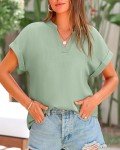 BTFBM Casual Short Sleeve Tops 2024 Summer Tunic Blouses Vacation Outfits V Neck Lightweight Flowy Beach Tunics Shirts(Solid Bean Green, XX-Large)
