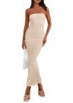 PRETTYGARDEN Women Long Bodycon Dress Summer Off Shoulder Strapless Bandeau Tube Maxi Dresses (Beige,Small)