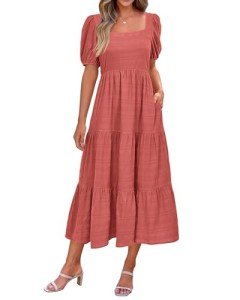 PRETTYGARDEN Women's Dresses 2024 Casual Puff Sleeve Square Neck Smocked Loose Fit A-Line Flowy Swing Long Beach Dress(Solid Bean Paste Pink,X-Large)