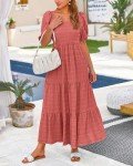 PRETTYGARDEN Women's Dresses 2024 Casual Puff Sleeve Square Neck Smocked Loose Fit A-Line Flowy Swing Long Beach Dress(Solid Bean Paste Pink,X-Large)