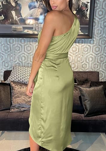 PRETTYGARDEN Women's 2024 Summer Ruched Bodycon Dress Sleeveless One Shoulder Wrap Satin Belted Cocktail Midi Dress(Light Green,Large)