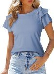 Blue Ruffle Sleeve Crewneck Tshirt - SHEWIN Women's