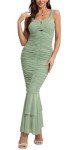 chouyatou Womens Strenchy Ruched Bodycon Cocktail Party Dress Maxi Mermaid Corset Dress Evening Gown (Large, Sage Green)