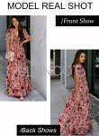 BLENCOT Women's Casual Boho Floral Printed Deep V Neck Loose Short Sleeve Long Evening Dress Ruched Cocktail Party Maxi Wedding Dress Red Large