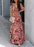 BLENCOT Women's Casual Boho Floral Printed Deep V Neck Loose Short Sleeve Long Evening Dress Ruched Cocktail Party Maxi Wedding Dress Red Large