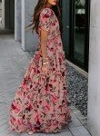 BLENCOT Women's Casual Boho Floral Printed Deep V Neck Loose Short Sleeve Long Evening Dress Ruched Cocktail Party Maxi Wedding Dress Red Large