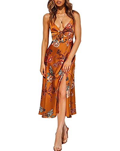 Fashionme Women Spaghetti Strap Midi Satin Dresses Tie Front Backless Split Summer Casual Floral Dress Hollow Flowy Slip Dress Sundress Wedding Guest Beach Cocktail Graduation Orange