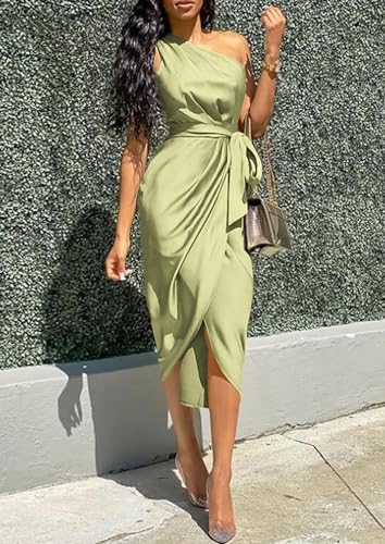 PRETTYGARDEN Women's 2024 Summer Ruched Bodycon Dress Sleeveless One Shoulder Wrap Satin Belted Cocktail Midi Dress(Light Green,Large)