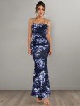 EYNMIN Women's Floral Print Corset Maxi Dress Sleeveless Bodycon Spaghetti Strap Ruched Elegant Evening Party Long Dresses Navy Print XS