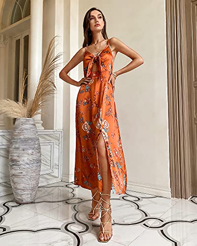 Fashionme Women Spaghetti Strap Midi Satin Dresses Tie Front Backless Split Summer Casual Floral Dress Hollow Flowy Slip Dress Sundress Wedding Guest Beach Cocktail Graduation Orange