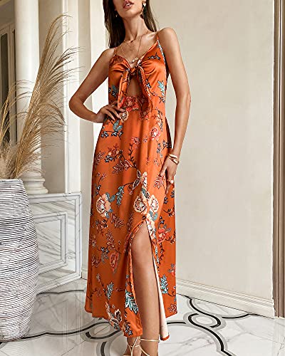 Fashionme Women Spaghetti Strap Midi Satin Dresses Tie Front Backless Split Summer Casual Floral Dress Hollow Flowy Slip Dress Sundress Wedding Guest Beach Cocktail Graduation Orange
