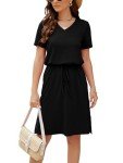 HUSKARY 2024 Women's Summer Casual Midi Dresses Short Sleeve V Neck Adjustable Waistline Drawstring Knee Length T Shirt Dress with Splits and Pockets Black