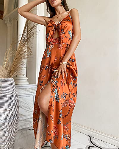 Fashionme Women Spaghetti Strap Midi Satin Dresses Tie Front Backless Split Summer Casual Floral Dress Hollow Flowy Slip Dress Sundress Wedding Guest Beach Cocktail Graduation Orange