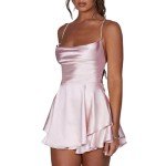 LouVasabuce Women Sexy Backless Short Romper Satin Dress Cowl Neck Tie Ruffle Layer Spaghetti Strap Jumpsuit Mini Dress (Pink, S)