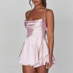 LouVasabuce Women Sexy Backless Short Romper Satin Dress Cowl Neck Tie Ruffle Layer Spaghetti Strap Jumpsuit Mini Dress (Pink, S)