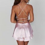 LouVasabuce Women Sexy Backless Short Romper Satin Dress Cowl Neck Tie Ruffle Layer Spaghetti Strap Jumpsuit Mini Dress (Pink, S)