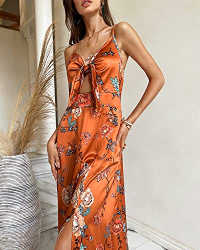 Fashionme Women Spaghetti Strap Midi Satin Dresses Tie Front Backless Split Summer Casual Floral Dress Hollow Flowy Slip Dress Sundress Wedding Guest Beach Cocktail Graduation Orange