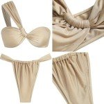 ZAFUL Women's One Shoulder Bikini Twisted Ruched High Cut Bandeau Bikini Set Two Piece Swimsuit Swimwear (0-Beige, M)