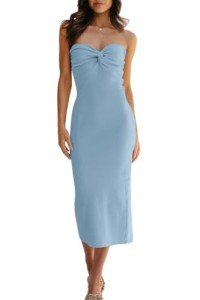 LILLUSORY Women's 2024 Light Blue Summer Spring Fashion Knitted Long Dresses Sexy Trendy Casual Strapless Midi Bodycon Maxi Dress with Slit