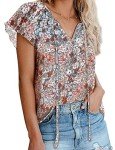 Womens Summer Cute Floral Ruffle Short Sleeve V Neck Casual Boho Loose Ladies Tops Shirts Blouses (Grey, M)