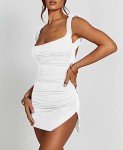 SHESEEWORLD Women's Sexy Summer Sleeveless Tie Waist Back Square Neck Backless Slit Hem Ruched Bodycon Mini Tank Dress White