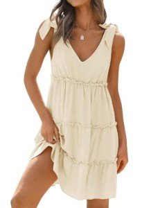 ZESICA Womens Summer Casual V Neck Sleeveless Mini Dress 2024 Tie Shoulder Tiered Ruffle Swing A Line Short Sundresses,Apricot,Medium