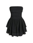 CIDER Women's Summer Cocktail Dress - Tube Ruched Ruffle Mini Dress: Black, L