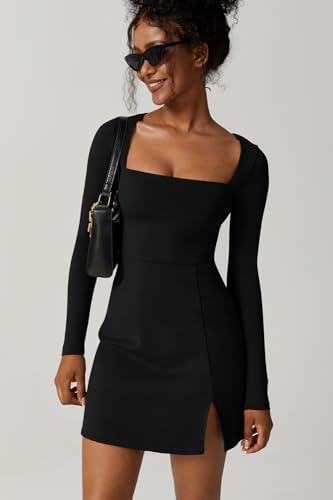 QINSEN Women's Long Sleeve Square Neck Mini Dress High Waist Party Club Outfit Black S