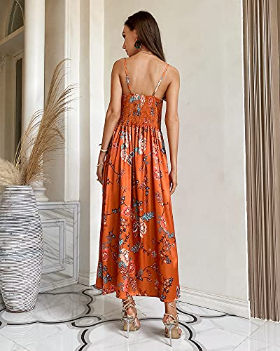 Fashionme Women Spaghetti Strap Midi Satin Dresses Tie Front Backless Split Summer Casual Floral Dress Hollow Flowy Slip Dress Sundress Wedding Guest Beach Cocktail Graduation Orange