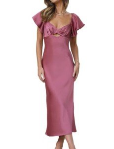 Plum Satin Flutter Sleeve Midi Wedding Dress
