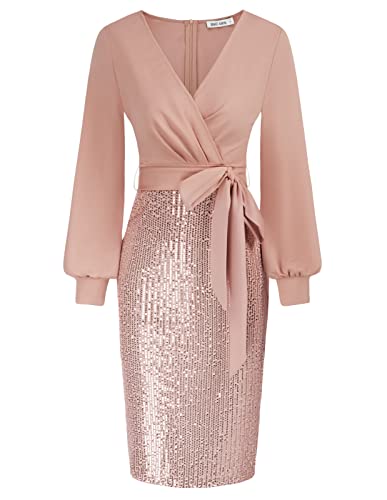 GRACE KARIN Women's Wrap Party Dress Slim Fit Pencil Dress with Long Sleeve Elegant Pink XL