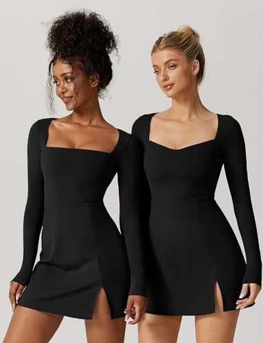 QINSEN Women's Long Sleeve Square Neck Mini Dress High Waist Party Club Outfit Black S