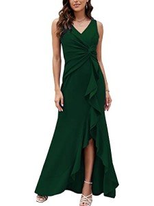 Elegant Green V Neck Long Wedding Guest Dress