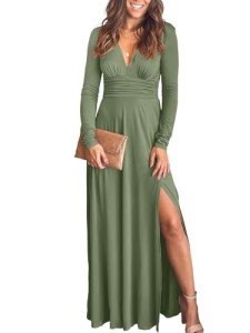 Elegant Green Deep V Neck Long Sleeve Maxi Dress