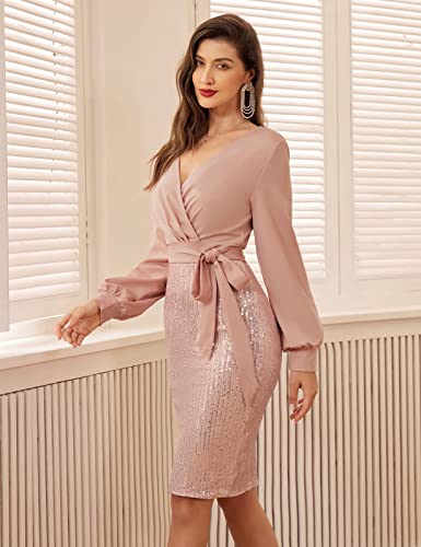 GRACE KARIN Women's Wrap Party Dress Slim Fit Pencil Dress with Long Sleeve Elegant Pink XL