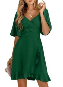 Dokotoo Women's Green V Neck Flared Sleeve Dress
