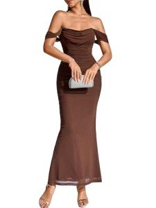 Brown Off-The-Shoulder Ruched Maxi Dress for Women