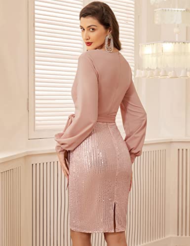 GRACE KARIN Women's Wrap Party Dress Slim Fit Pencil Dress with Long Sleeve Elegant Pink XL