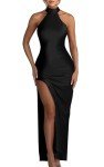 Black Satin High Split Backless Maxi Dress