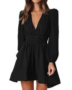 FAIABLE Black Long Sleeve Mini Dress for Women