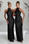 Black Satin High Split Backless Maxi Dress