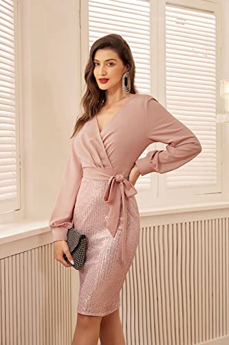 GRACE KARIN Women's Wrap Party Dress Slim Fit Pencil Dress with Long Sleeve Elegant Pink XL