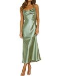 Satin Cowl Neck Backless Midi Dress in Sage