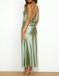 Satin Cowl Neck Backless Midi Dress in Sage