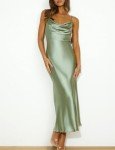 Satin Cowl Neck Backless Midi Dress in Sage