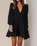 FAIABLE Women’s Black Deep V Mini A-Line Dress